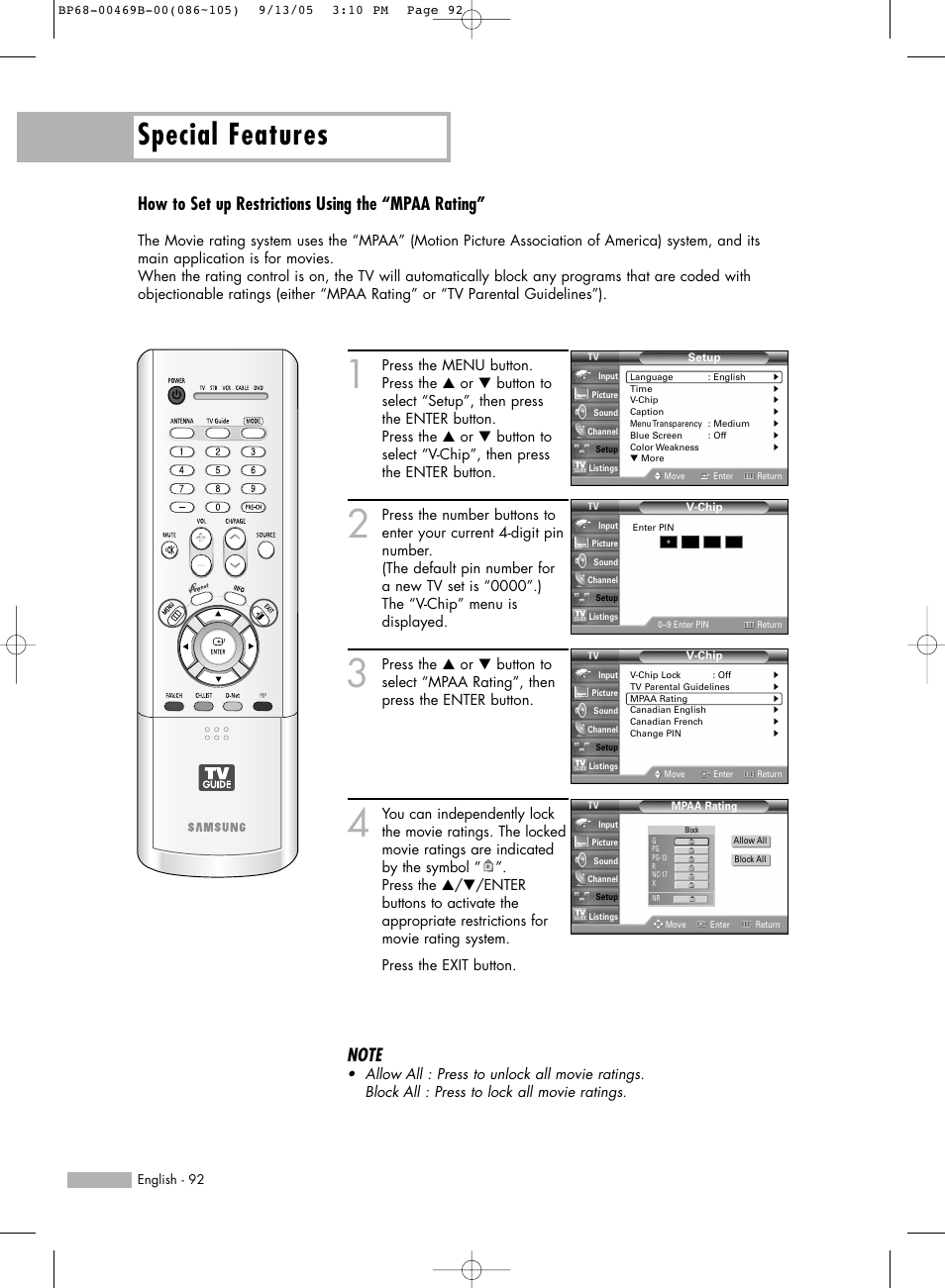 Special features, How to set up restrictions using the “mpaa rating | Samsung HL-R5067W User Manual | Page 92 / 144