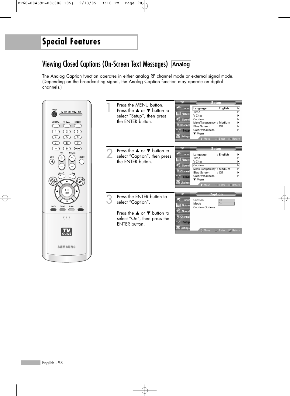 Special features, Viewing closed captions (on-screen text messages), Analog | Samsung HL-R5067W User Manual | Page 98 / 144