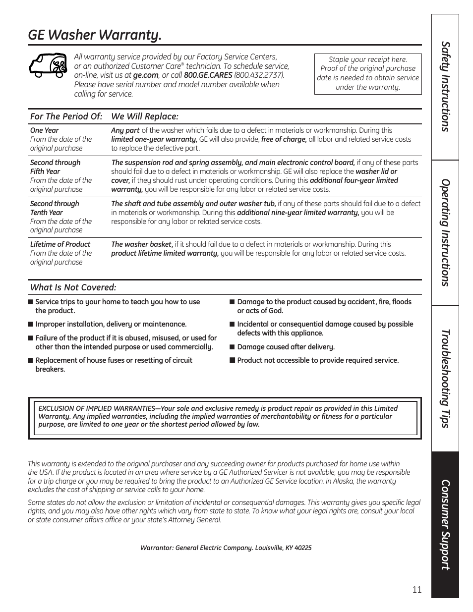 Warranty, Ge washer warranty | Samsung DVD-V80 User Manual | Page 11 / 24