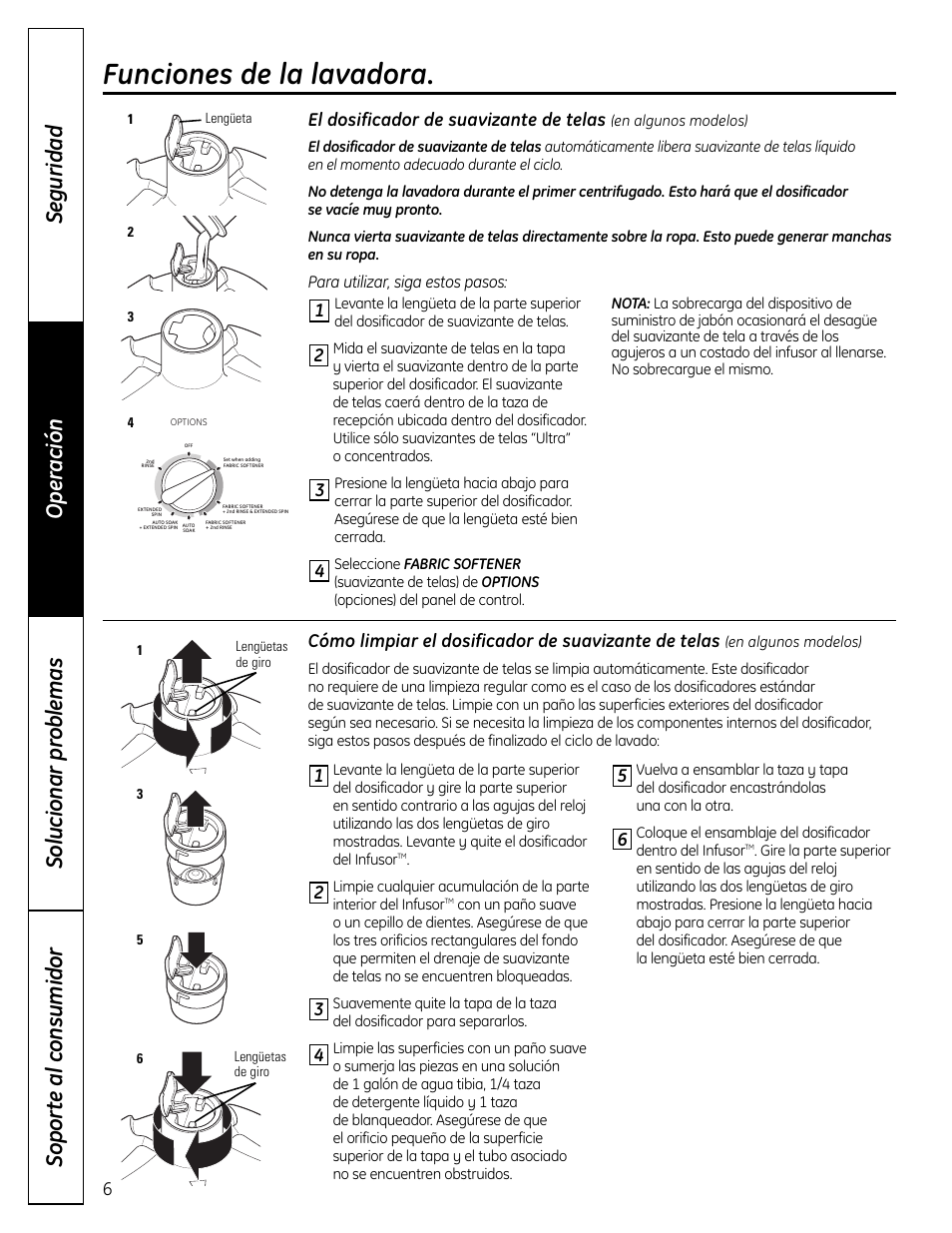 Funciones, Funciones , 7, Funciones de la lavadora | Cómo limpiar el dosificador de suavizante de telas, El dosificador de suavizante de telas | Samsung DVD-V80 User Manual | Page 18 / 24