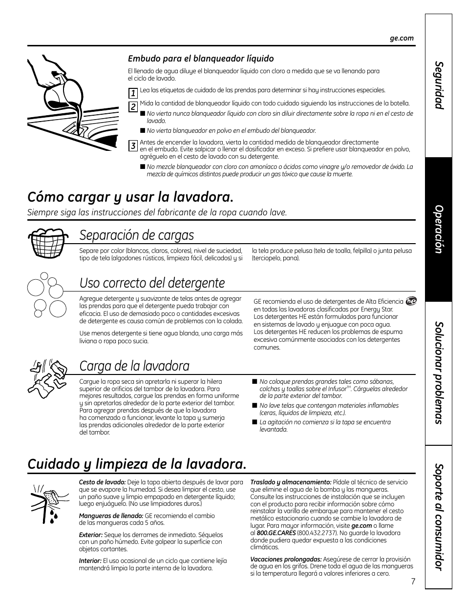 Cómo cargar y usar la lavadora, Cuidado y limpieza de la lavadora, Separación de cargas | Uso correcto del detergente, Carga de la lavadora | Samsung DVD-V80 User Manual | Page 19 / 24