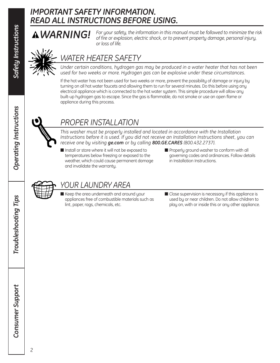 Safety instructions, Warning, Water heater safety | Proper installation, Your laundry area | Samsung DVD-V80 User Manual | Page 2 / 24