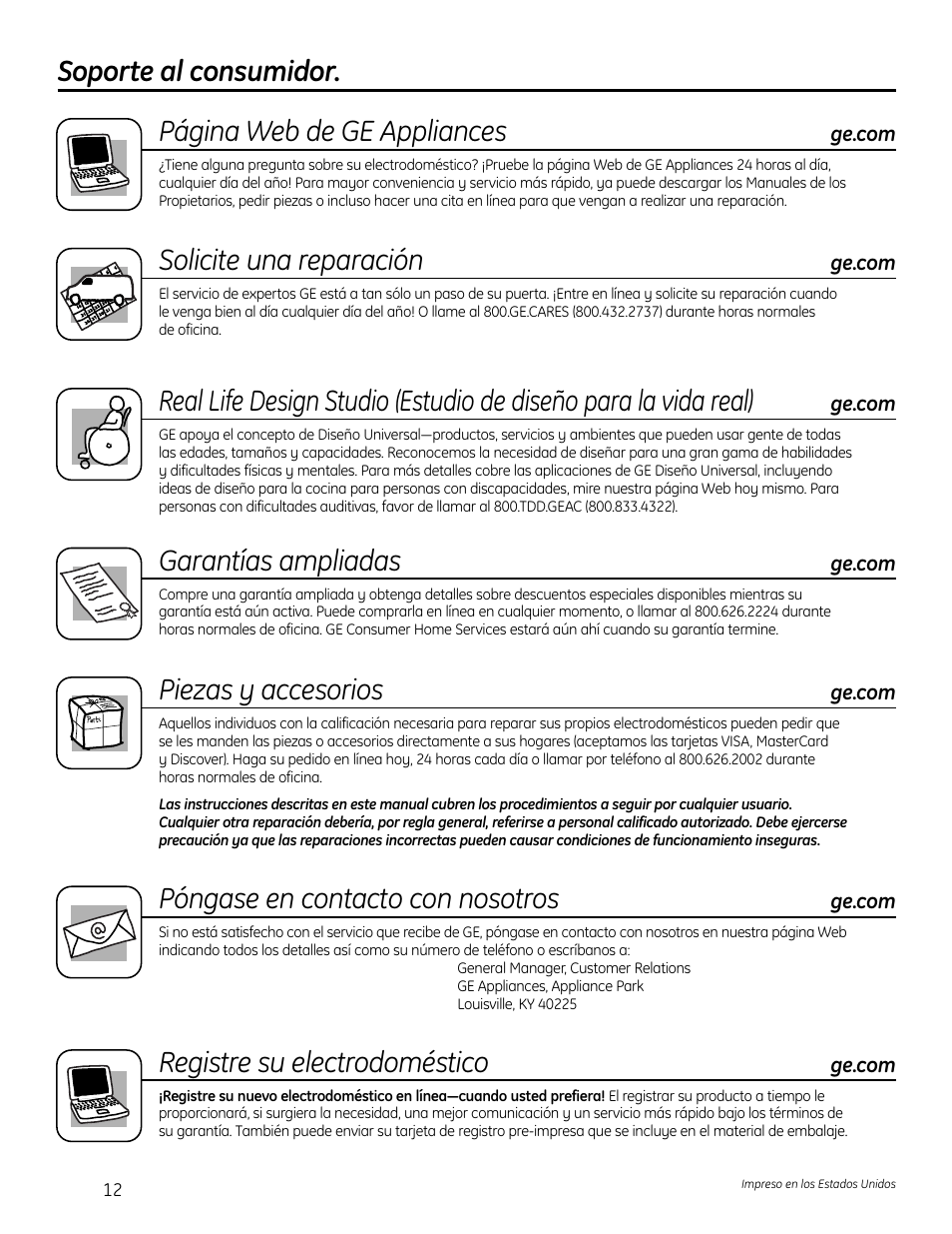 Soporte al consumidor, Soporte al consumidor. página web de ge appliances, Solicite una reparación | Garantías ampliadas, Piezas y accesorios, Póngase en contacto con nosotros, Registre su electrodoméstico | Samsung DVD-V80 User Manual | Page 24 / 24