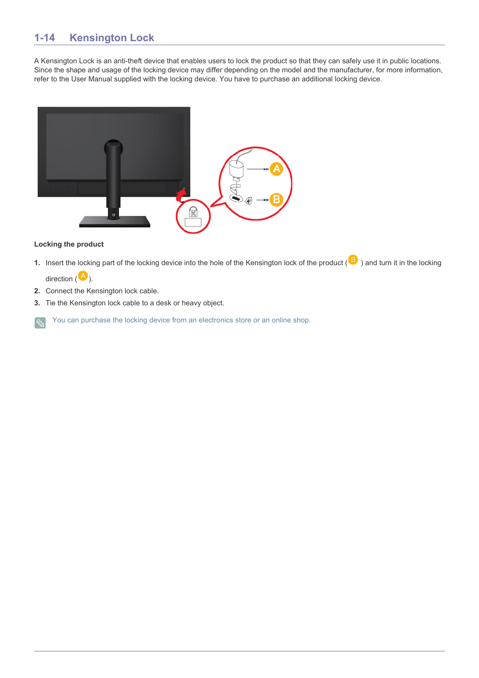 14 kensington lock | Samsung SyncMaster TC240 User Manual | Page 16 / 19