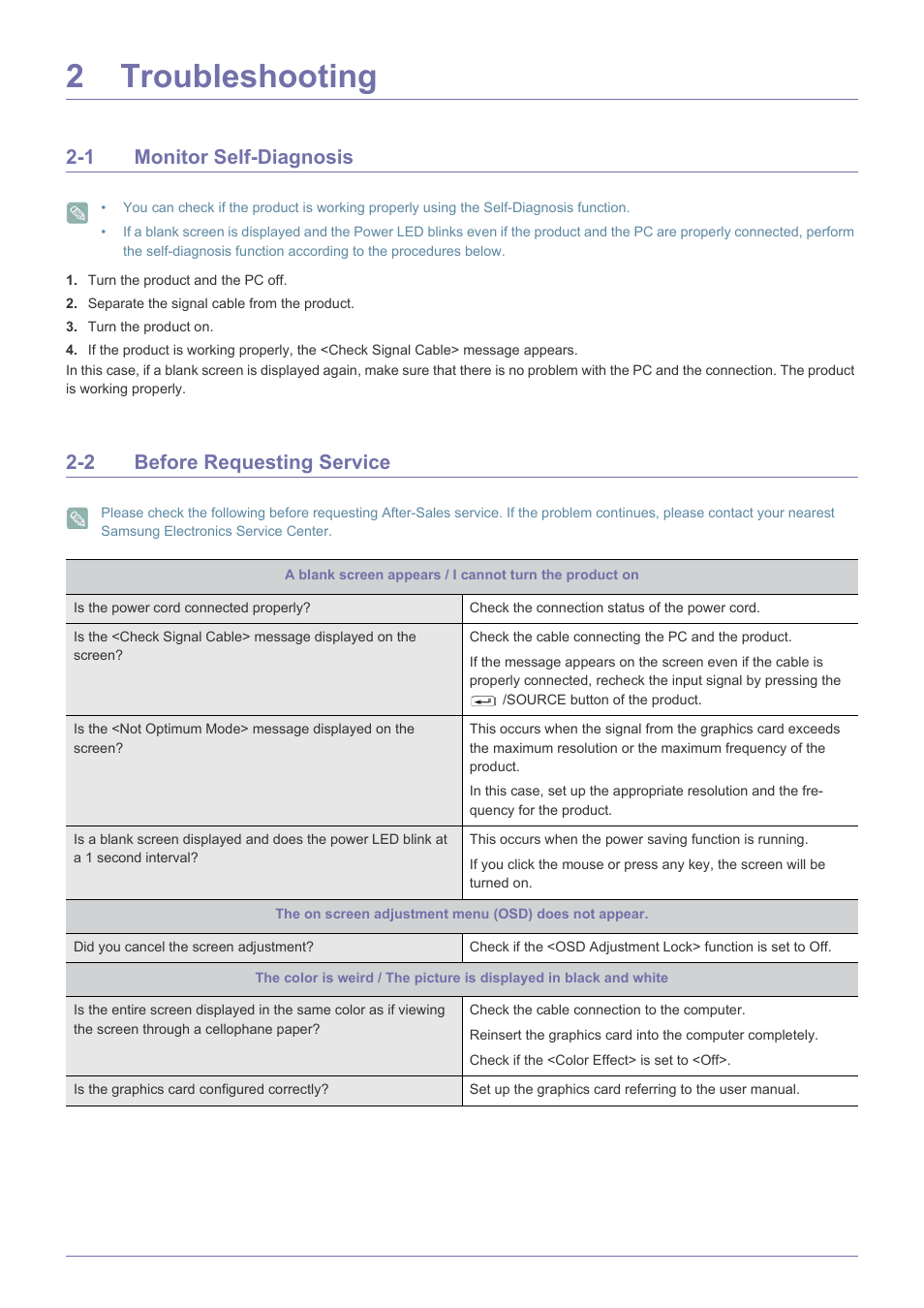 5 troubleshooting, 1 monitor self-diagnosis, 2 before requesting service | 2 troubleshooting | Samsung SyncMaster TC240 User Manual | Page 17 / 19