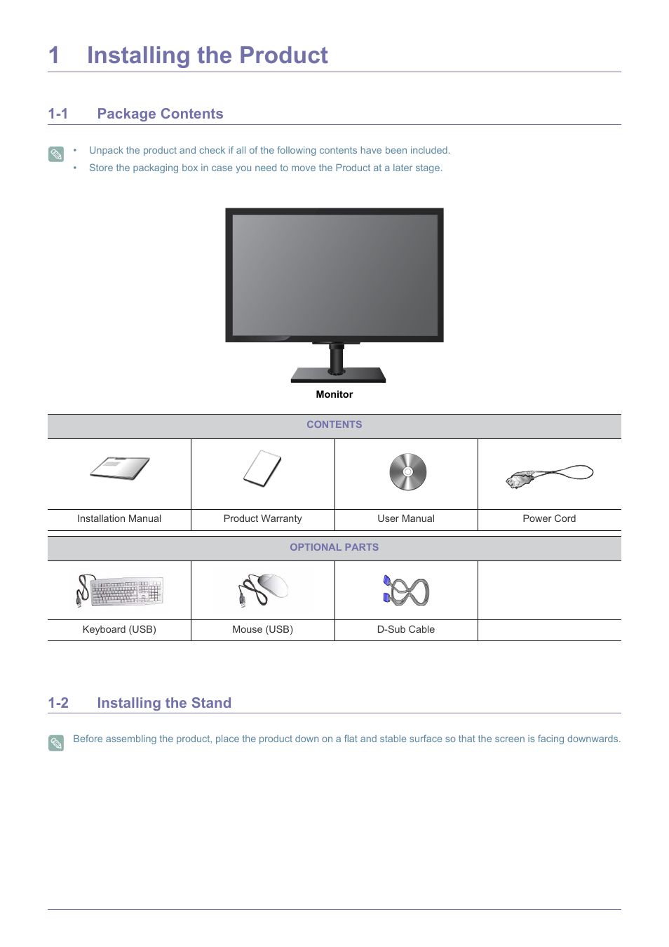 2 installing the product, 1 package contents, 2 installing the stand | 1 installing the product | Samsung SyncMaster TC240 User Manual | Page 2 / 19