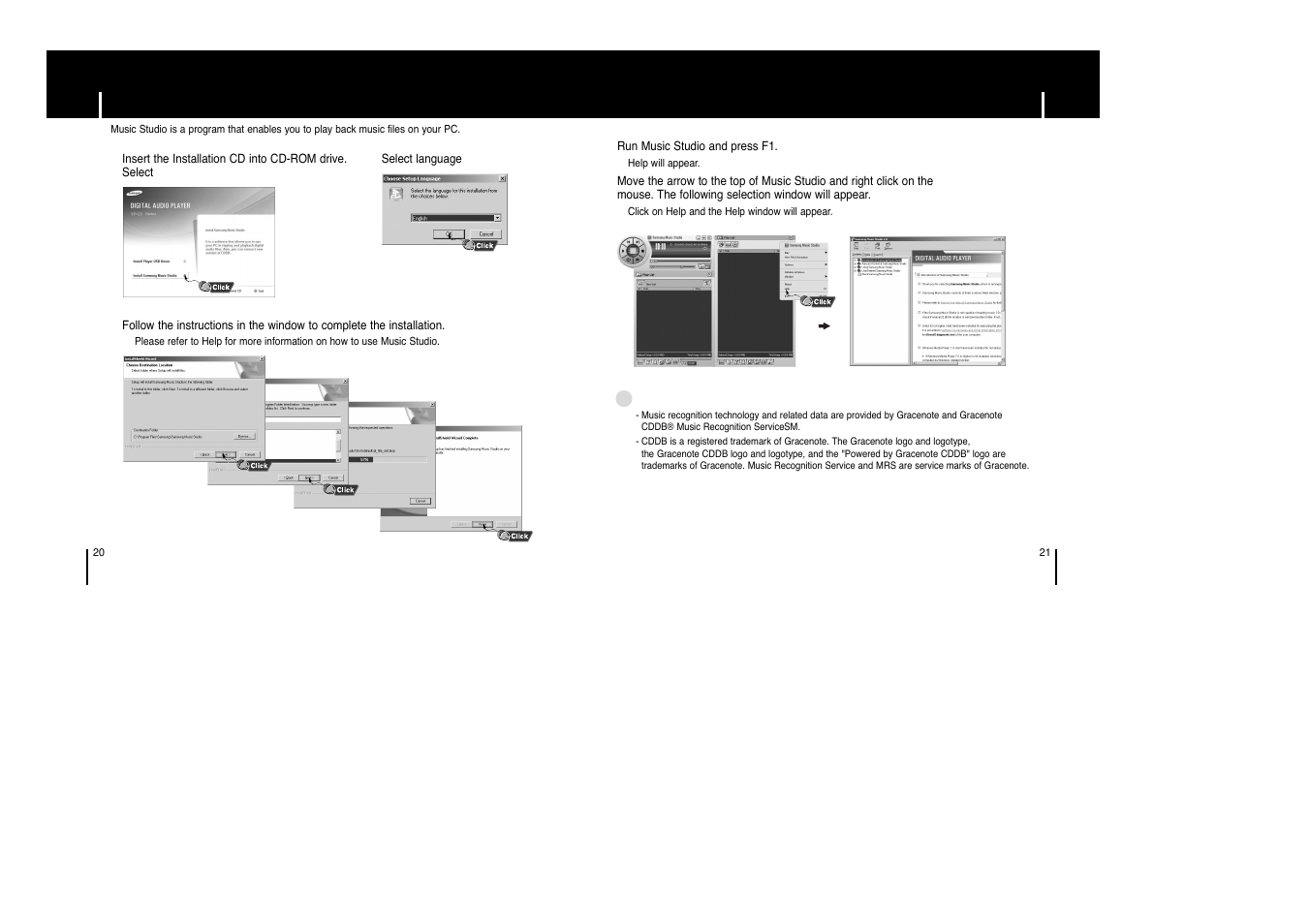 Installing music studio, To view help on music studio | Samsung YP-C1 H User Manual | Page 11 / 28