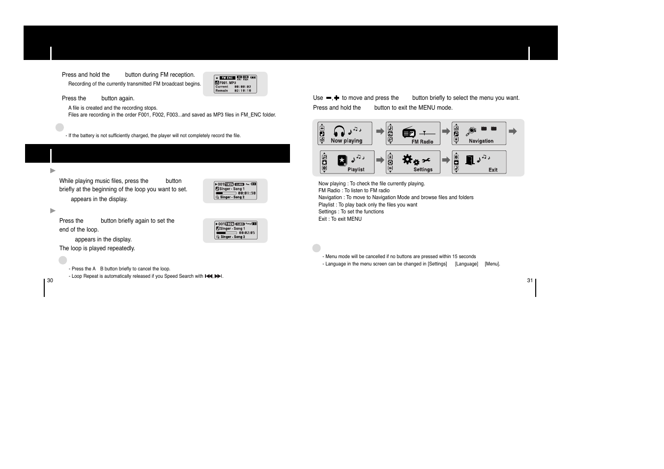 Fm recording, Additional usage, Loop repeating | Menu option, Menu options | Samsung YP-C1 H User Manual | Page 16 / 28