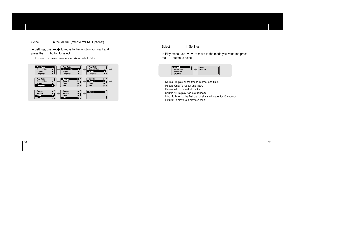 Setting the advanced functions, Selecting the playmode | Samsung YP-C1 H User Manual | Page 19 / 28