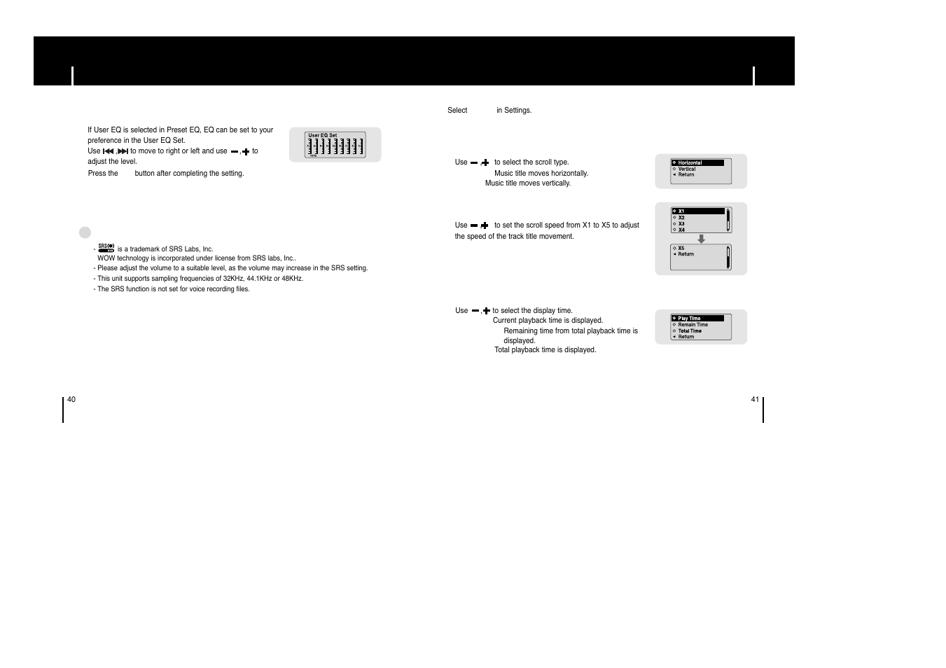 Display settings, Display settings setting the eq mode | Samsung YP-C1 H User Manual | Page 21 / 28