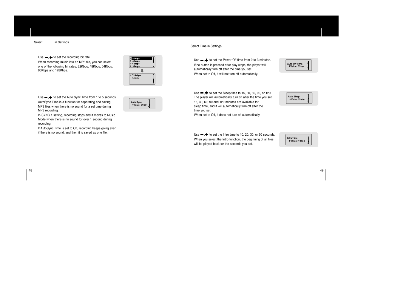 Recording settings, Time settings, Time settings recording settings | Samsung YP-C1 H User Manual | Page 25 / 28