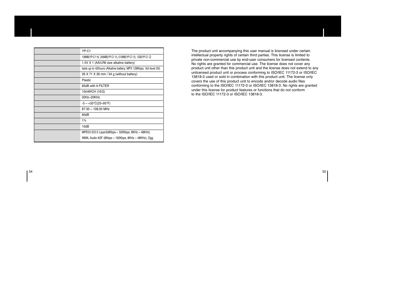 Specifications | Samsung YP-C1 H User Manual | Page 28 / 28