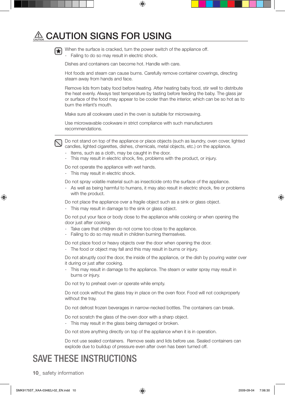 Save these instructions, Caution signs for using | Samsung SMK9175ST User Manual | Page 10 / 60