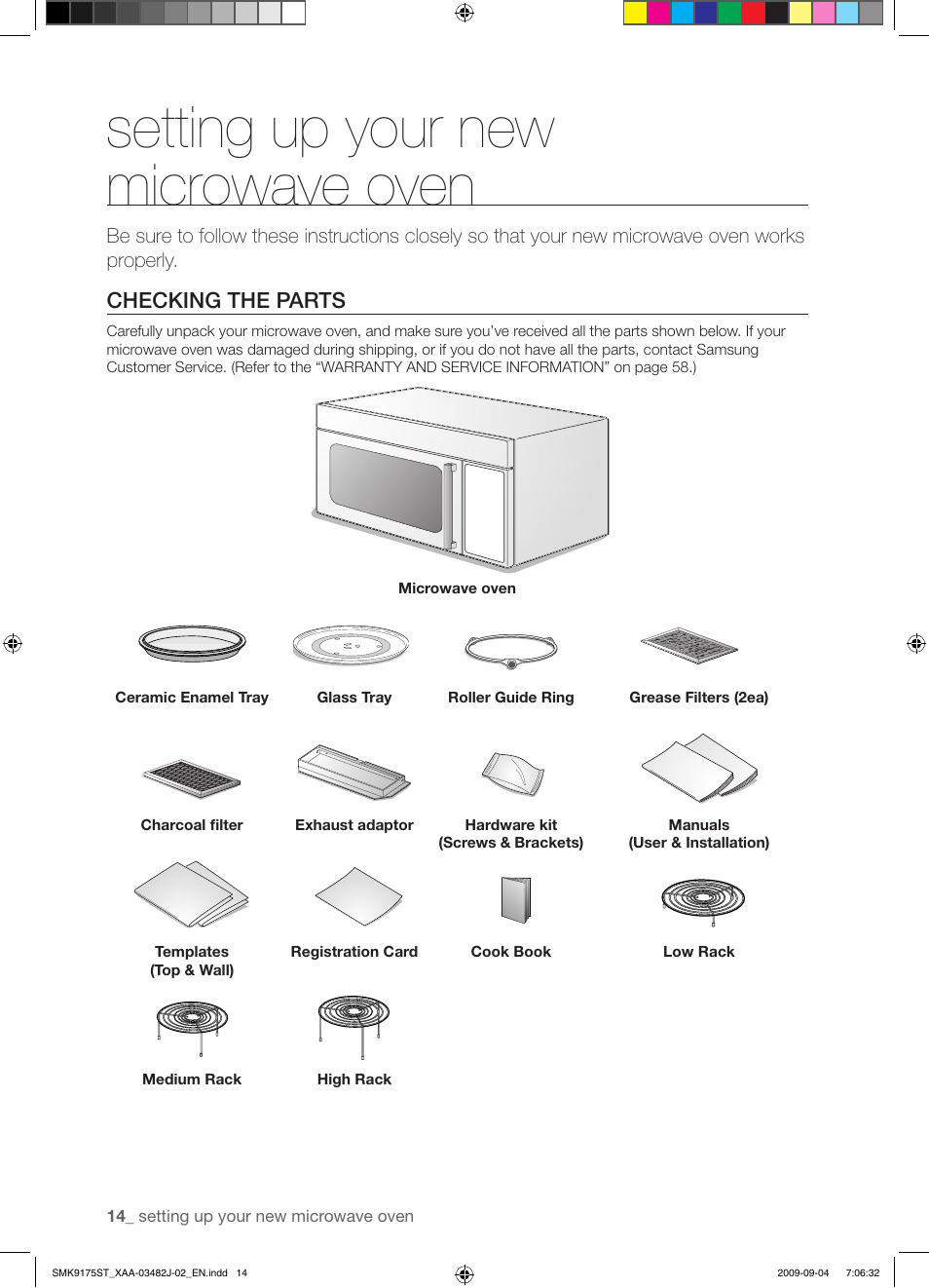 Setting up your new microwave oven, Checking the parts | Samsung SMK9175ST User Manual | Page 14 / 60