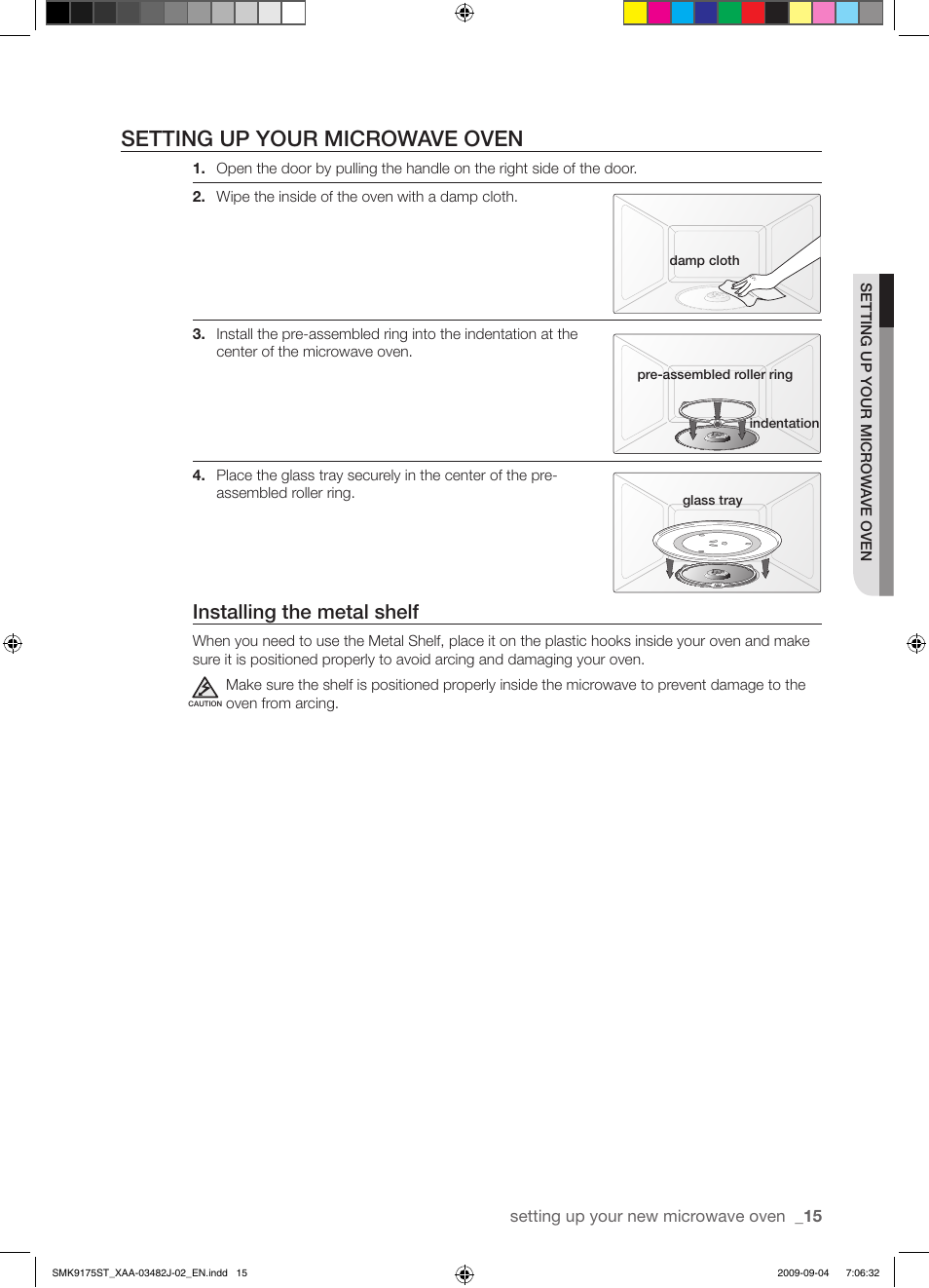 Setting up your microwave oven, Installing the metal shelf | Samsung SMK9175ST User Manual | Page 15 / 60