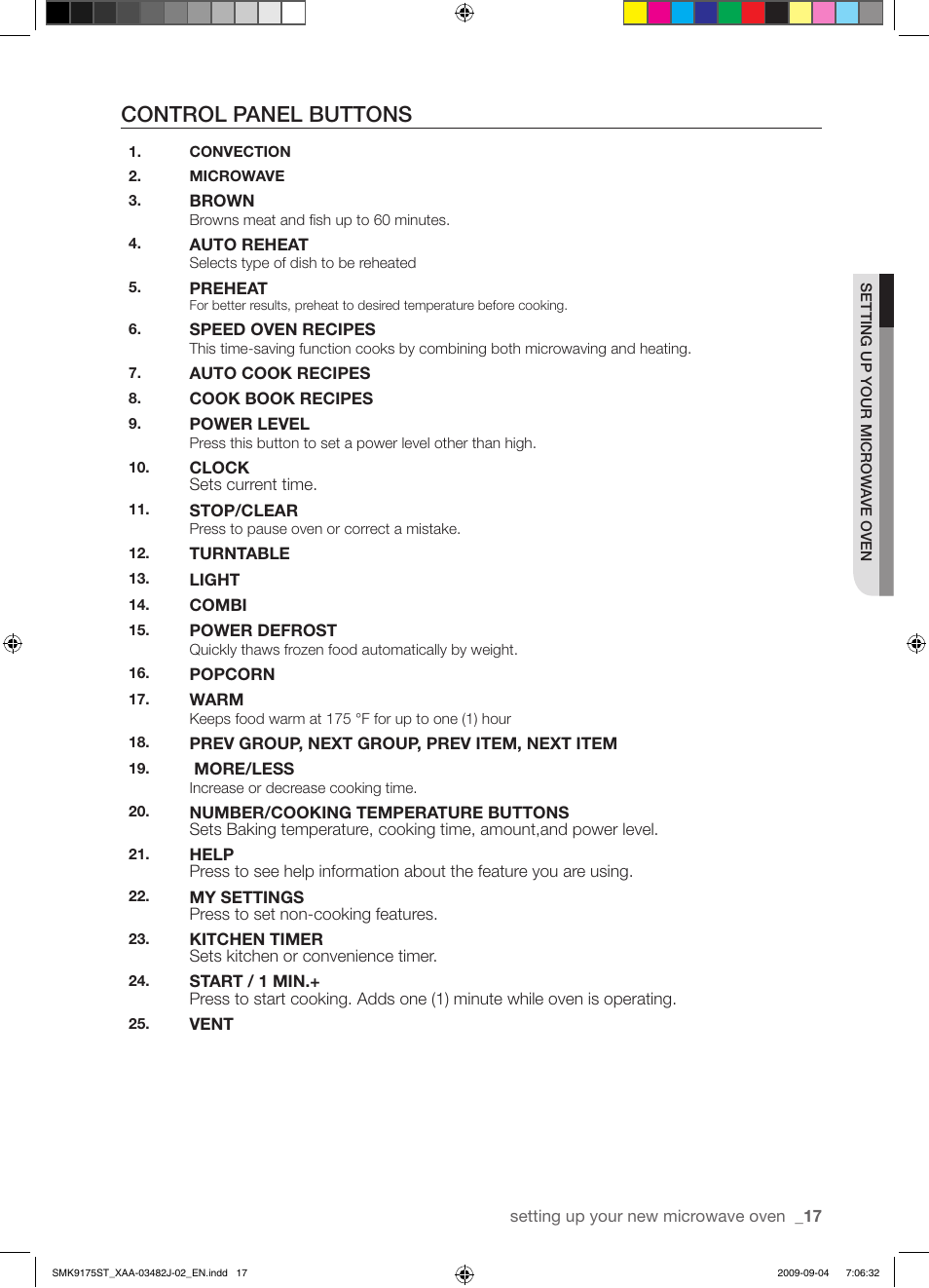 Control panel buttons | Samsung SMK9175ST User Manual | Page 17 / 60