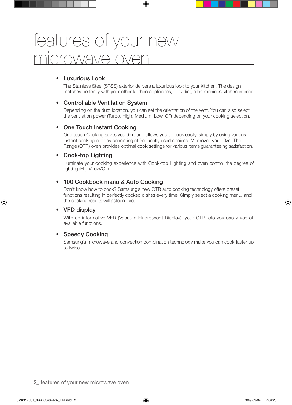 Features of your new microwave oven | Samsung SMK9175ST User Manual | Page 2 / 60