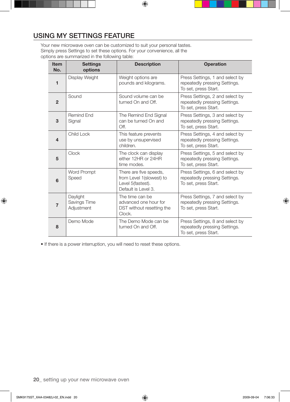 Using my settings feature | Samsung SMK9175ST User Manual | Page 20 / 60