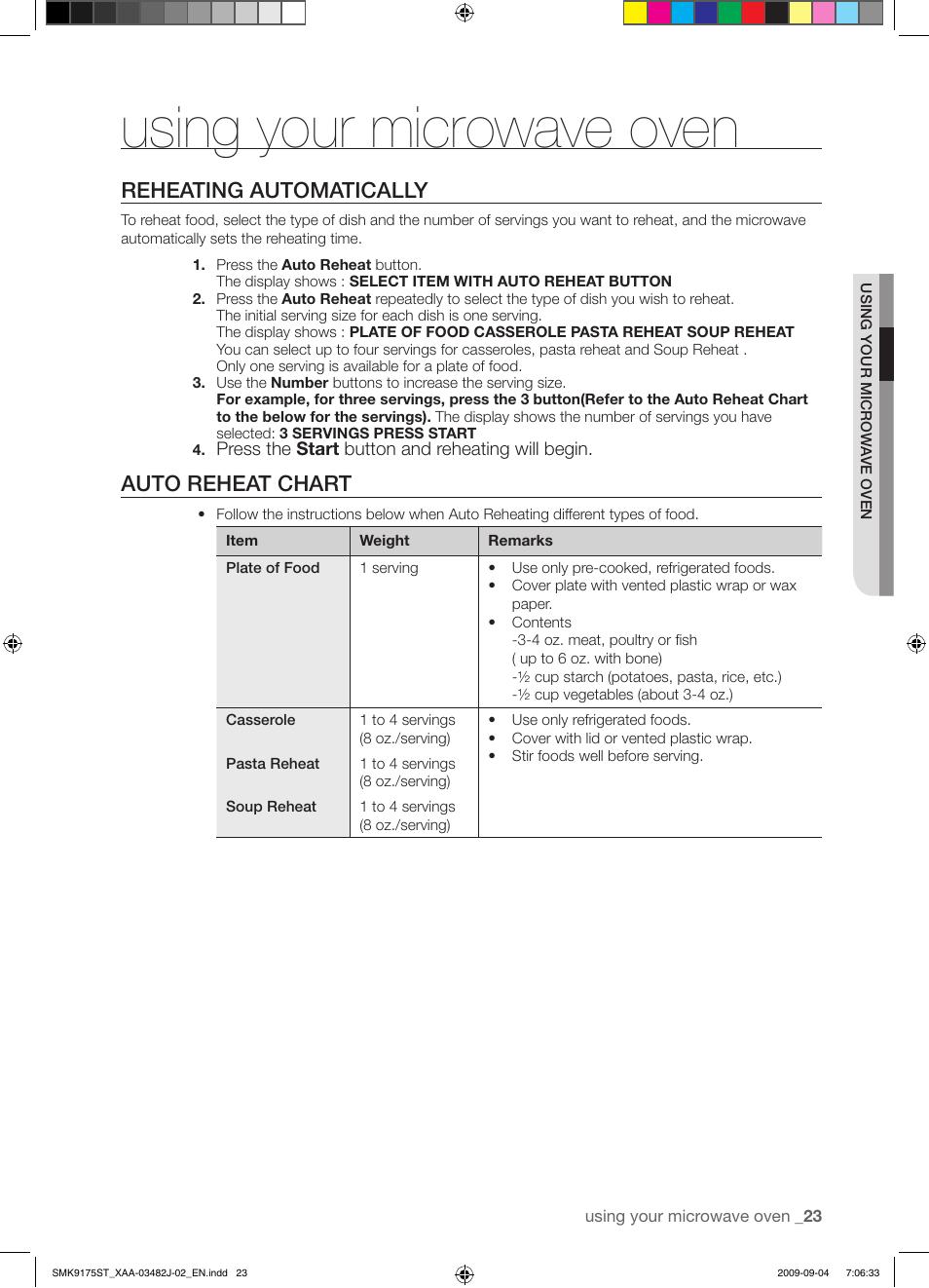 Using your microwave oven, Reheating automatically, Auto reheat chart | Samsung SMK9175ST User Manual | Page 23 / 60