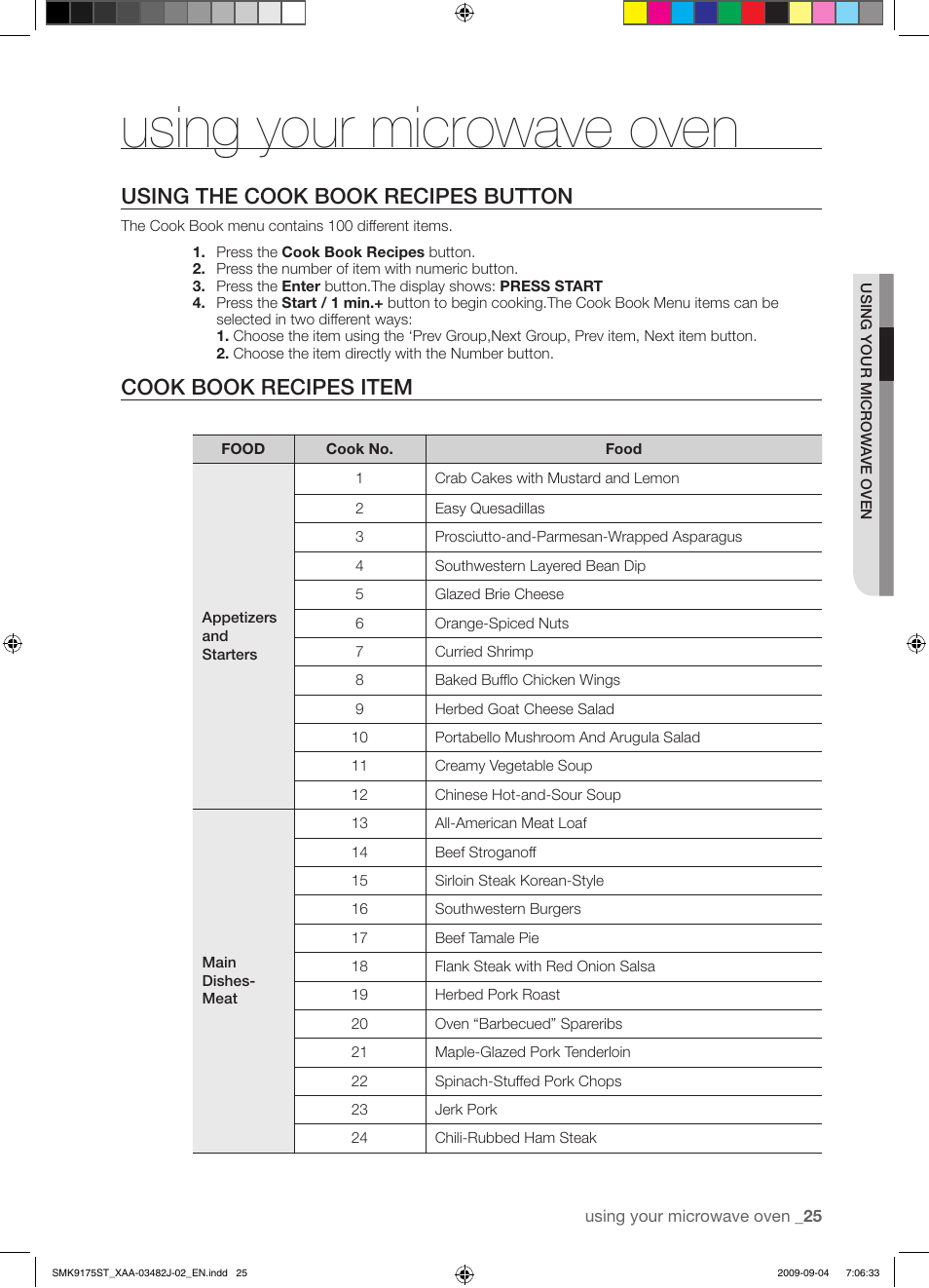 Using your microwave oven, Using the cook book recipes button, Cook book recipes item | Samsung SMK9175ST User Manual | Page 25 / 60