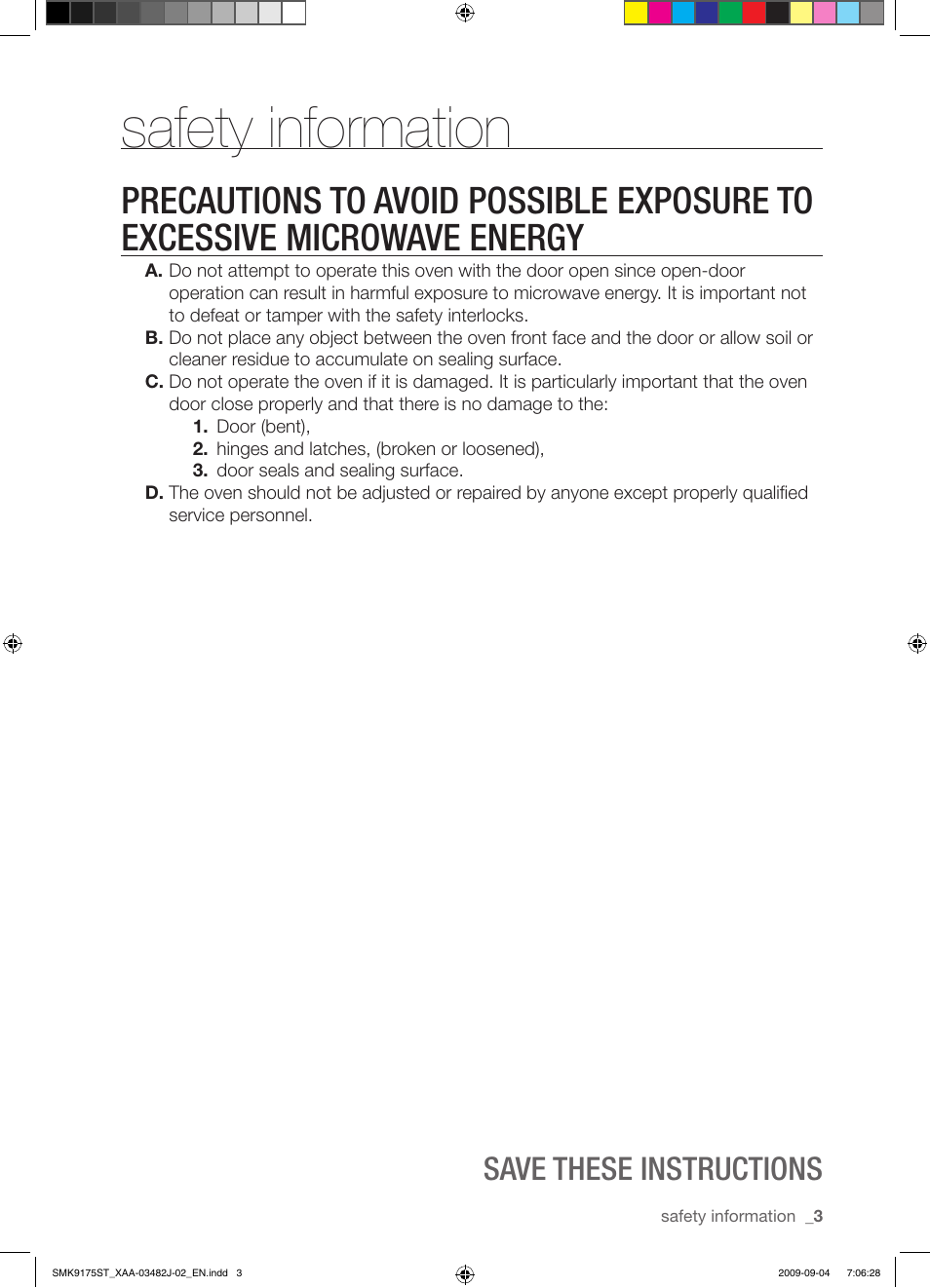 Safety information, Save these instructions | Samsung SMK9175ST User Manual | Page 3 / 60