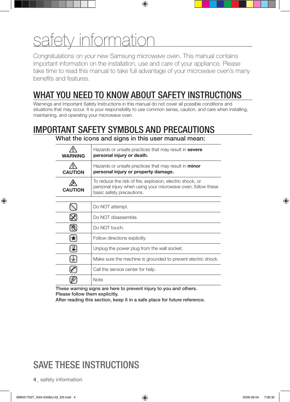 Safety information, Save these instructions, What you need to know about safety instructions | Important safety symbols and precautions | Samsung SMK9175ST User Manual | Page 4 / 60