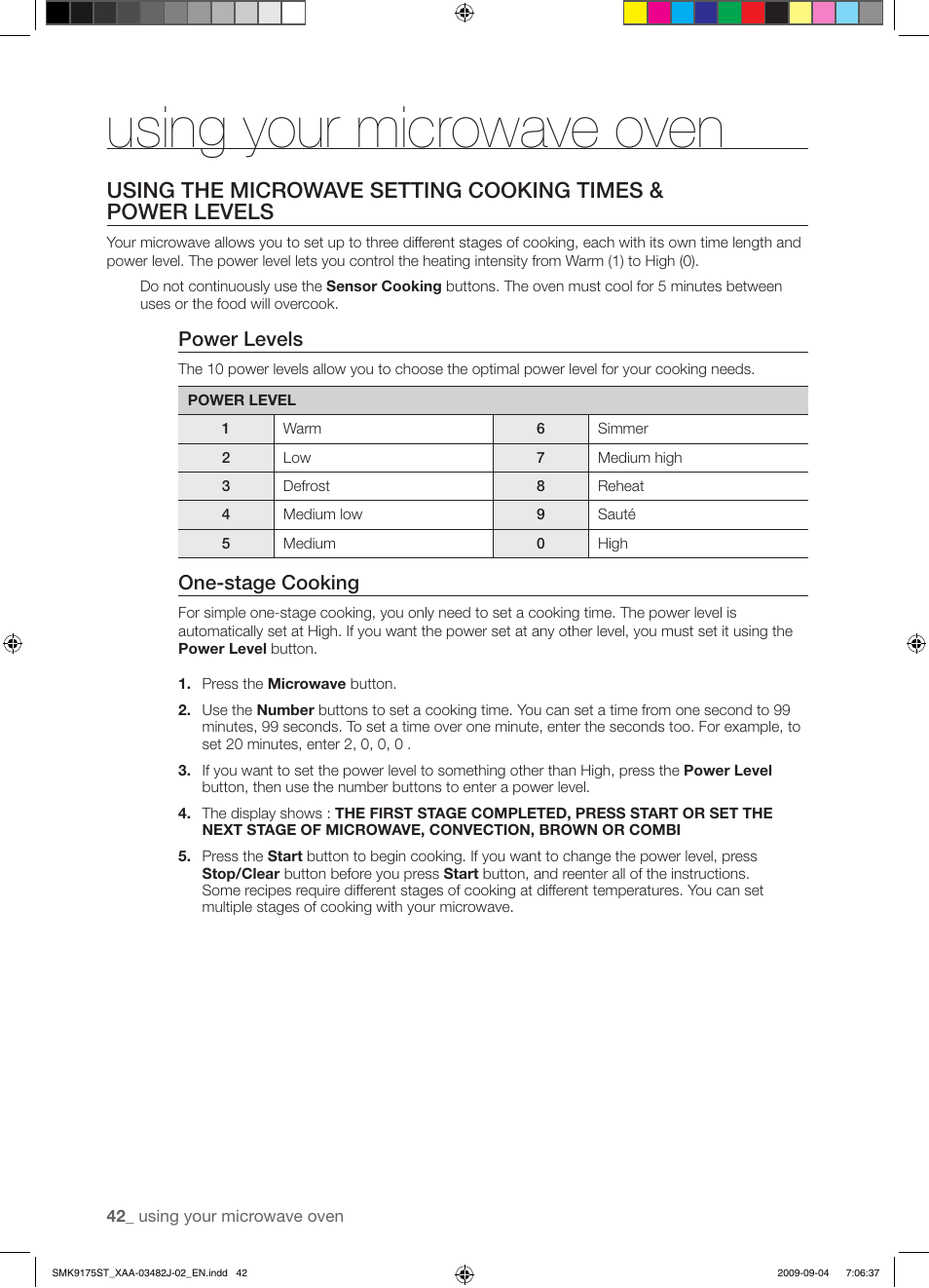 Using your microwave oven, Power levels, One-stage cooking | Samsung SMK9175ST User Manual | Page 42 / 60