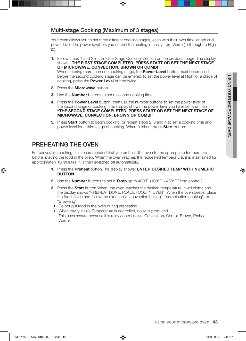 Preheating the oven, Multi-stage cooking (maximum of 3 stages) | Samsung SMK9175ST User Manual | Page 43 / 60