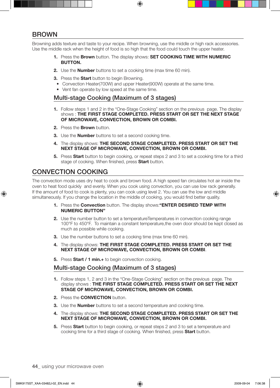 Brown, Convection cooking, Multi-stage cooking (maximum of 3 stages) | Samsung SMK9175ST User Manual | Page 44 / 60