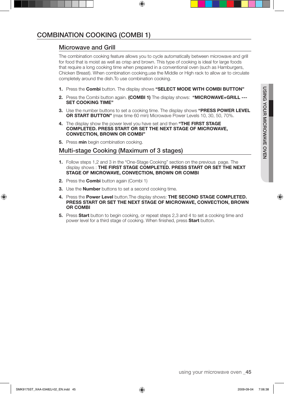 Combination cooking (combi 1), Microwave and grill, Multi-stage cooking (maximum of 3 stages) | Samsung SMK9175ST User Manual | Page 45 / 60