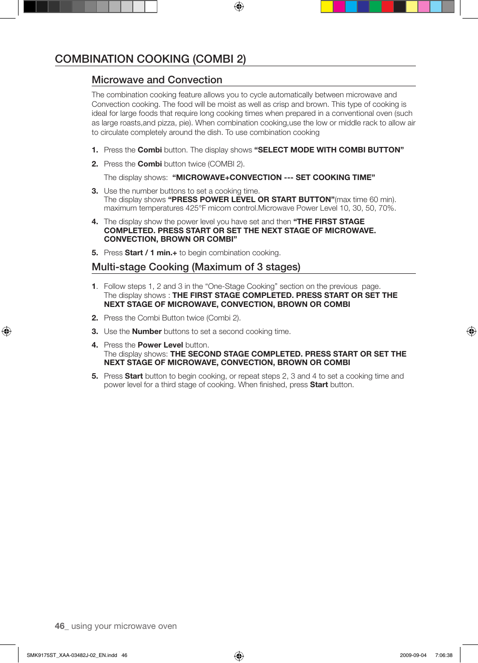 Combination cooking (combi 2), Microwave and convection, Multi-stage cooking (maximum of 3 stages) | Samsung SMK9175ST User Manual | Page 46 / 60