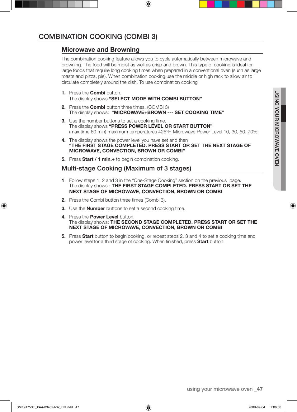 Combination cooking (combi 3), Microwave and browning, Multi-stage cooking (maximum of 3 stages) | Samsung SMK9175ST User Manual | Page 47 / 60