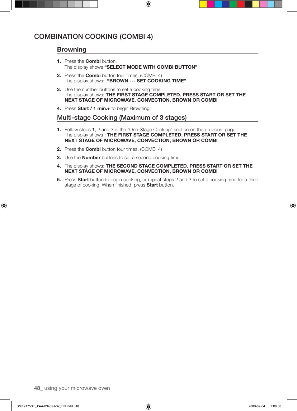 Combination cooking (combi 4), Browning, Multi-stage cooking (maximum of 3 stages) | Samsung SMK9175ST User Manual | Page 48 / 60