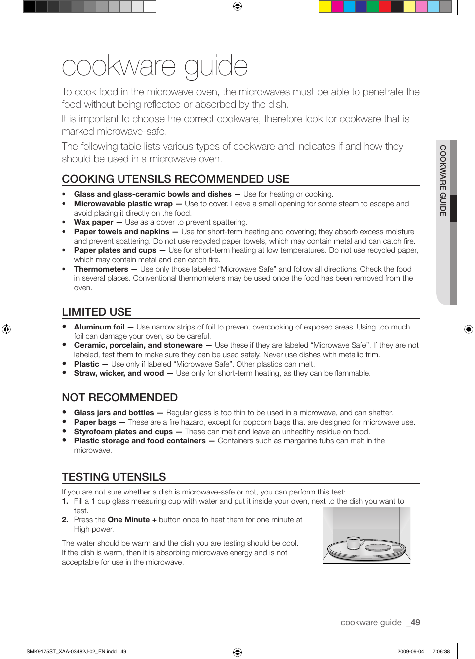 Cookware guide, Cooking utensils recommended use, Limited use | Not recommended, Testing utensils | Samsung SMK9175ST User Manual | Page 49 / 60