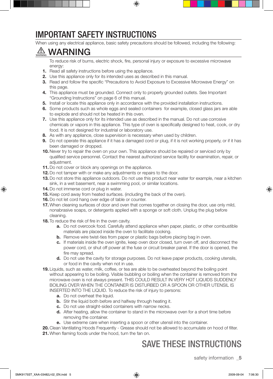 Save these instructions, Important safety instructions, Warning | Samsung SMK9175ST User Manual | Page 5 / 60