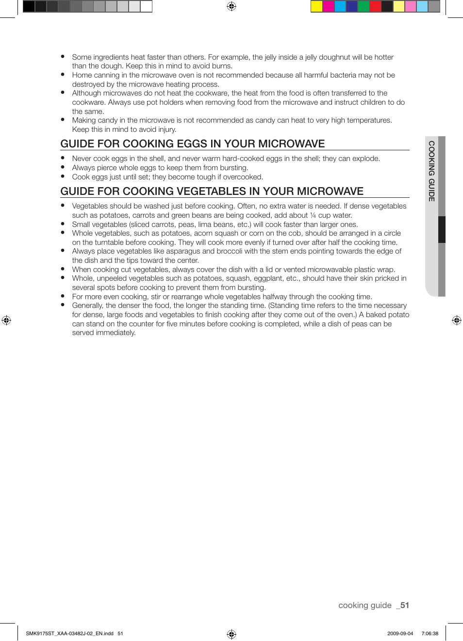 Guide for cooking eggs in your microwave, Guide for cooking vegetables in your microwave | Samsung SMK9175ST User Manual | Page 51 / 60