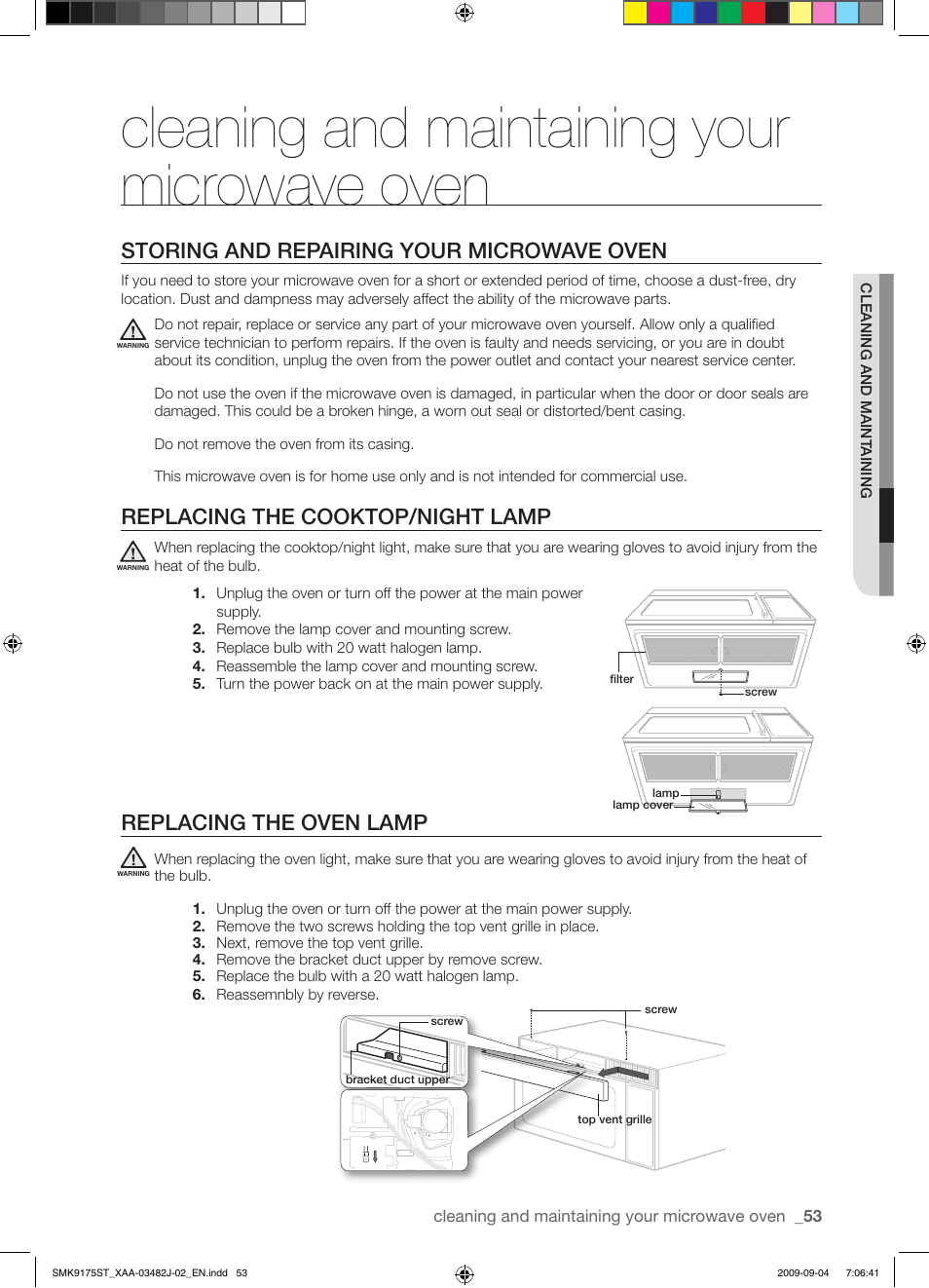 Cleaning and maintaining your microwave oven, Storing and repairing your microwave oven, Replacing the cooktop/night lamp | Replacing the oven lamp | Samsung SMK9175ST User Manual | Page 53 / 60