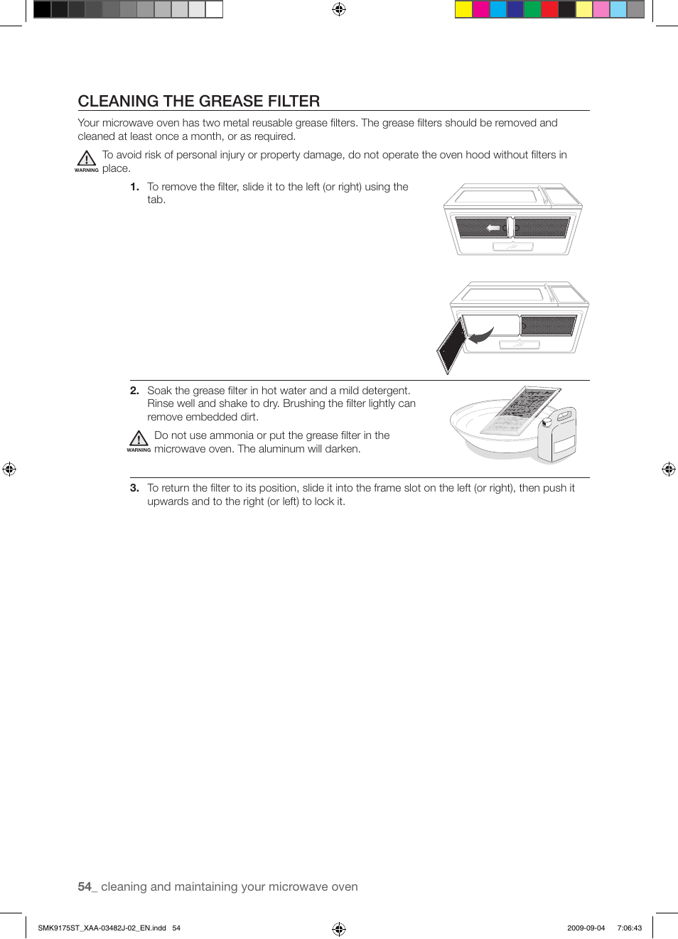 Cleaning the grease filter | Samsung SMK9175ST User Manual | Page 54 / 60