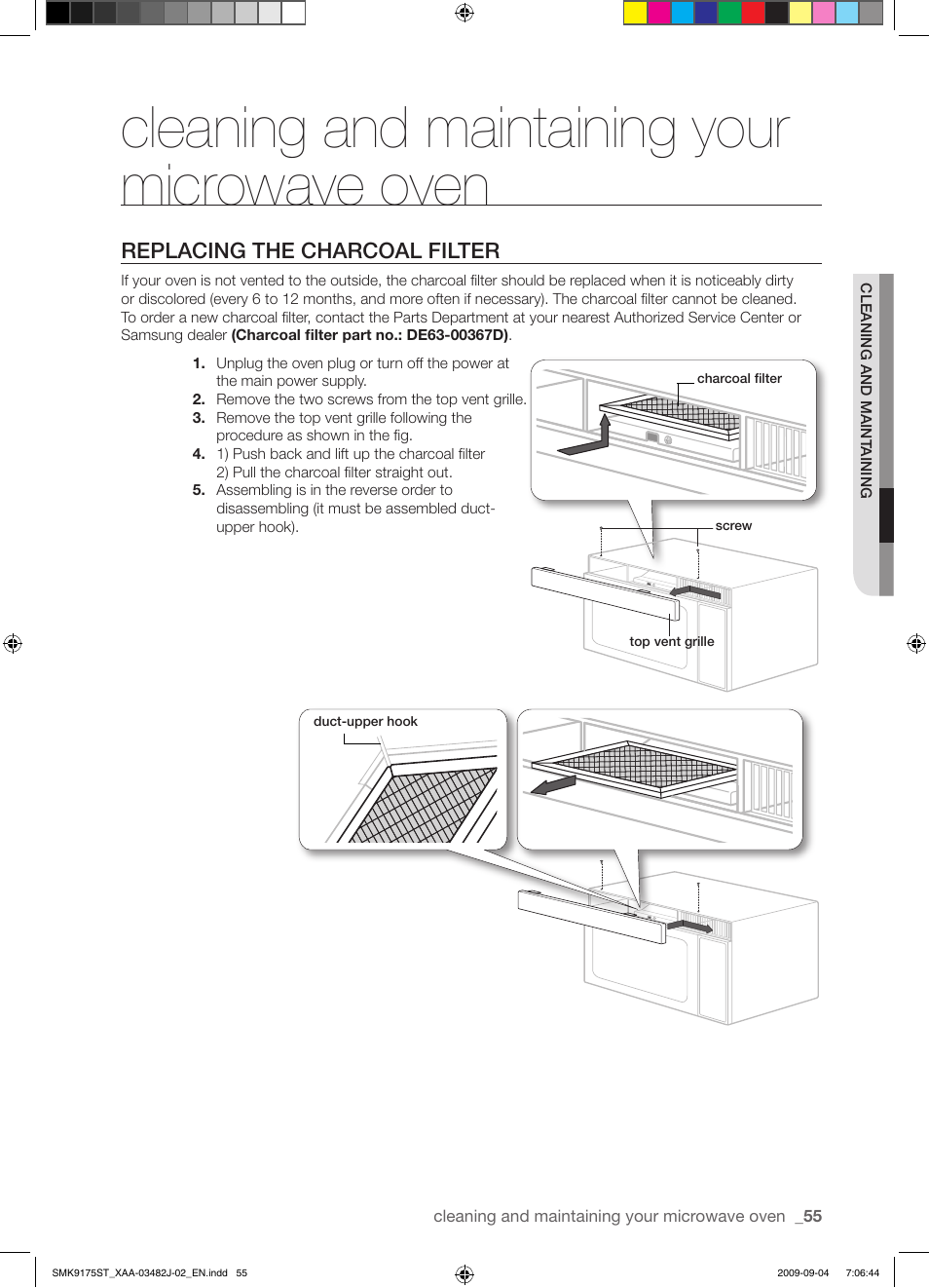 Cleaning and maintaining your microwave oven, Replacing the charcoal filter | Samsung SMK9175ST User Manual | Page 55 / 60