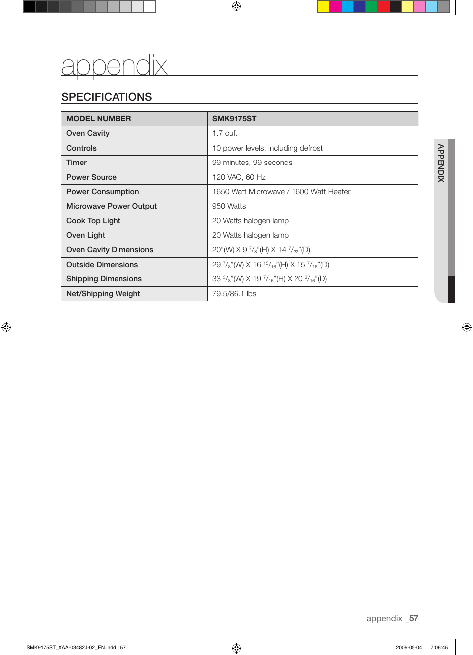 Appendix, Specifications | Samsung SMK9175ST User Manual | Page 57 / 60