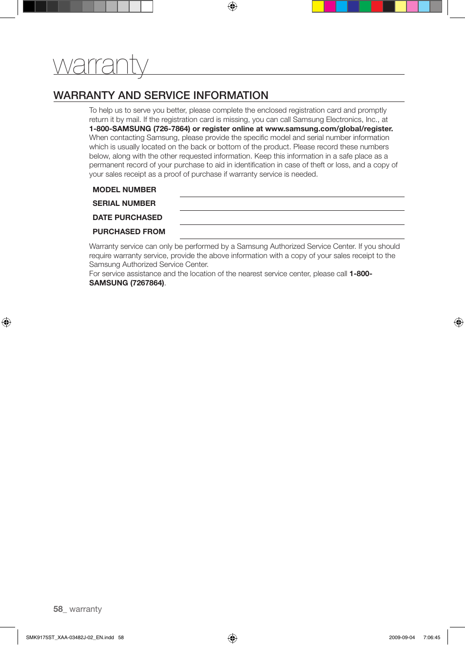 Warranty, Warranty and service information | Samsung SMK9175ST User Manual | Page 58 / 60