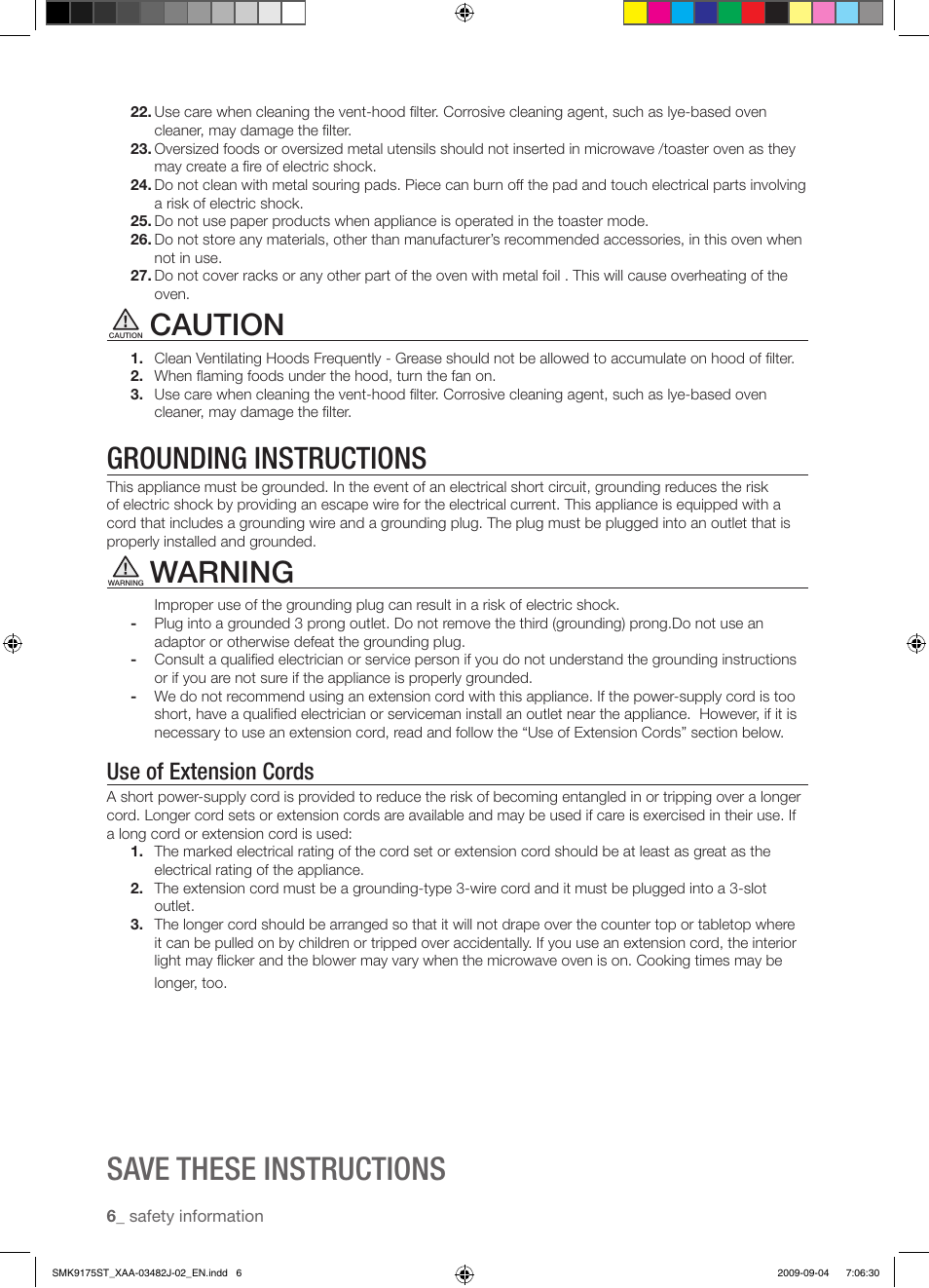 Save these instructions, Caution, Grounding instructions | Warning, Use of extension cords | Samsung SMK9175ST User Manual | Page 6 / 60