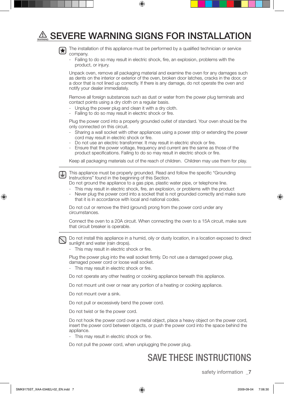 Save these instructions, Severe warning signs for installation | Samsung SMK9175ST User Manual | Page 7 / 60