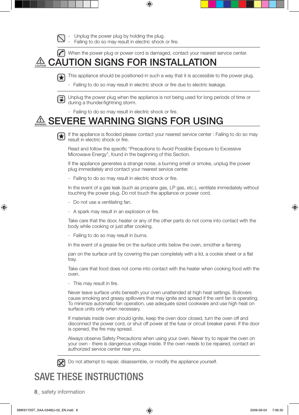 Save these instructions, Caution signs for installation, Severe warning signs for using | Samsung SMK9175ST User Manual | Page 8 / 60