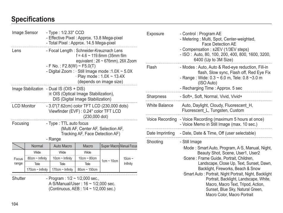 Specifi cations | Samsung WB5500 User Manual | Page 105 / 120