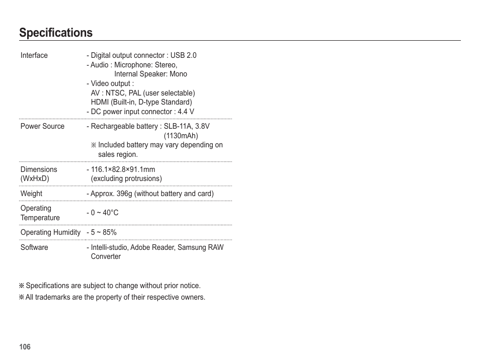 Specifications | Samsung WB5500 User Manual | Page 107 / 120