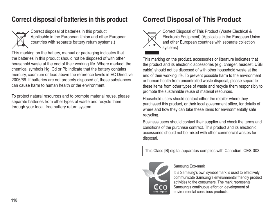 Correct disposal of this product, Correct disposal of batteries in this product | Samsung WB5500 User Manual | Page 119 / 120