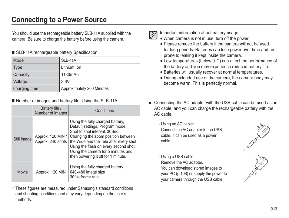 Connecting to a power source | Samsung WB5500 User Manual | Page 14 / 120