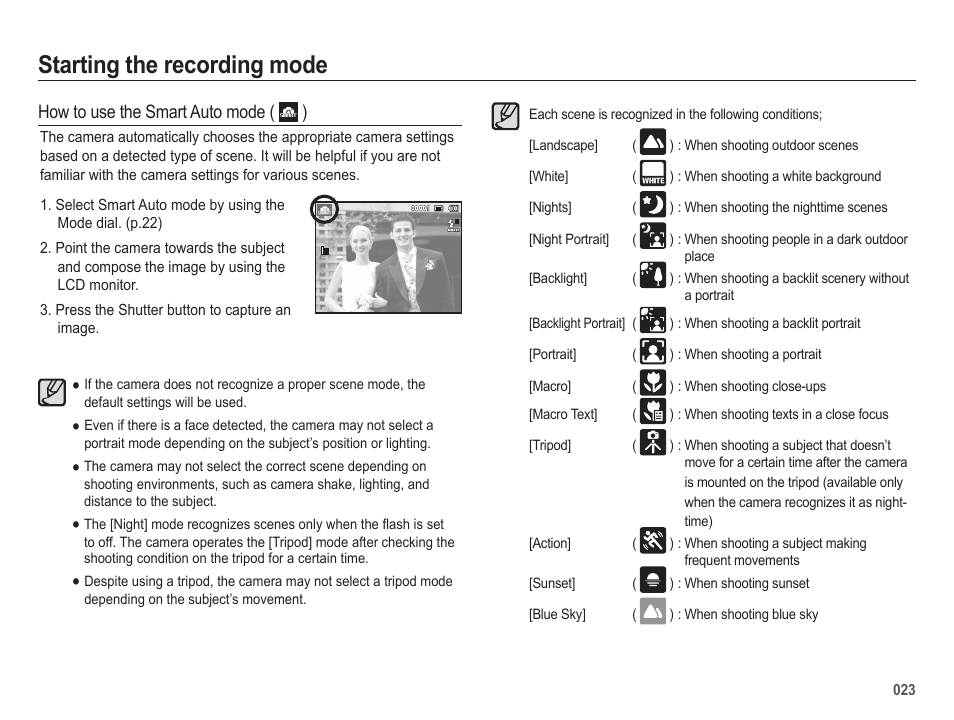 Starting the recording mode, How to use the smart auto mode ( ) | Samsung WB5500 User Manual | Page 24 / 120