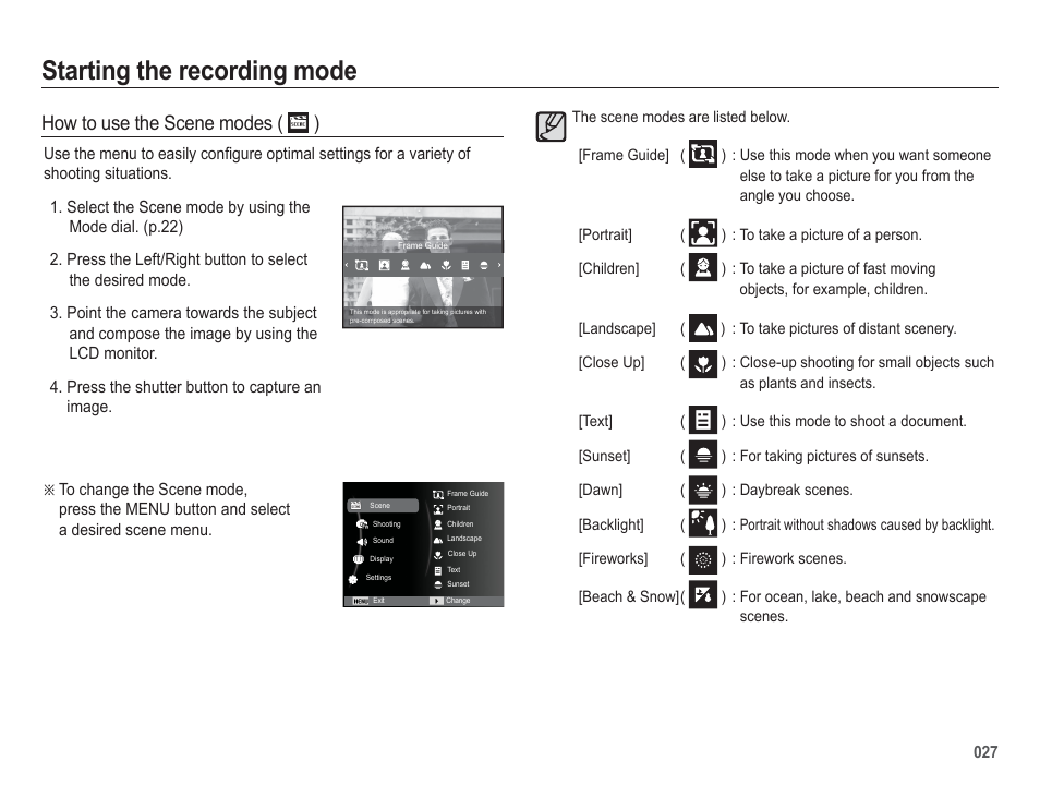 Starting the recording mode, How to use the scene modes ( ) | Samsung WB5500 User Manual | Page 28 / 120